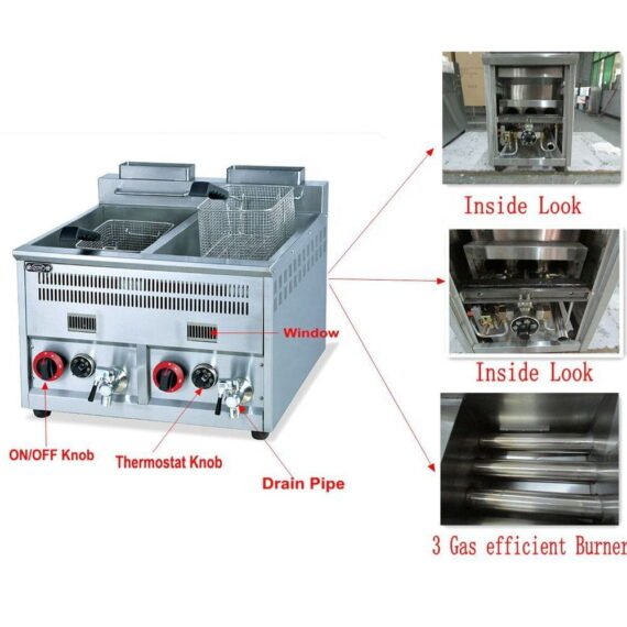 Gas Double Tank Deep Fryer 16x2 Liter With Oil Filter Tap Automatic Thermostat - Image 3